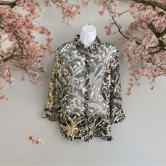 Ncola Womens Blouse XL Sheer Black White Swirl Pattern Button-Up Grannycore - Picture 1 of 9